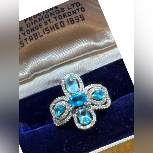 Elegant sterling ailver 925 Blue topaz Gemstone & CZ ring cross ornate design - Picture 2 of 4